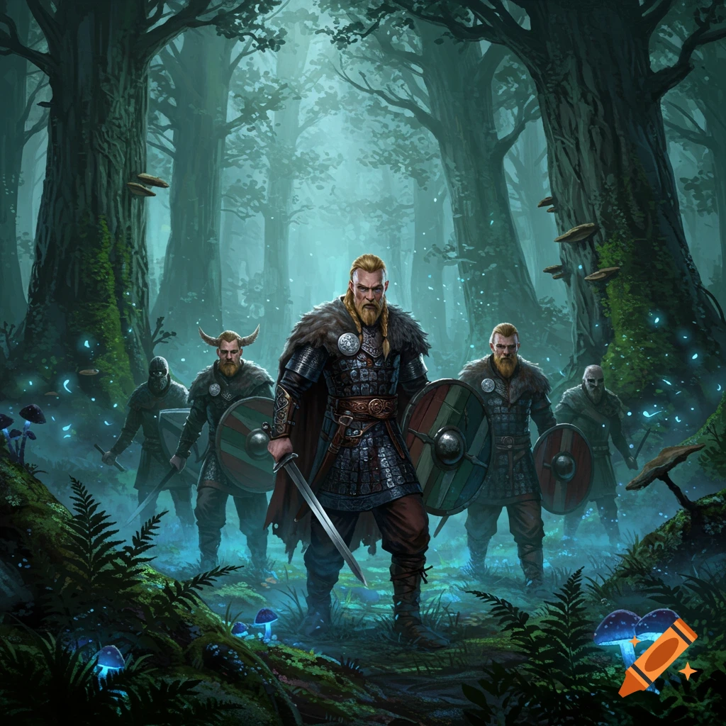 A group of heavily armed Vikings stands in a dark, mystical forest with glowing mushrooms, in a fantasy art style.