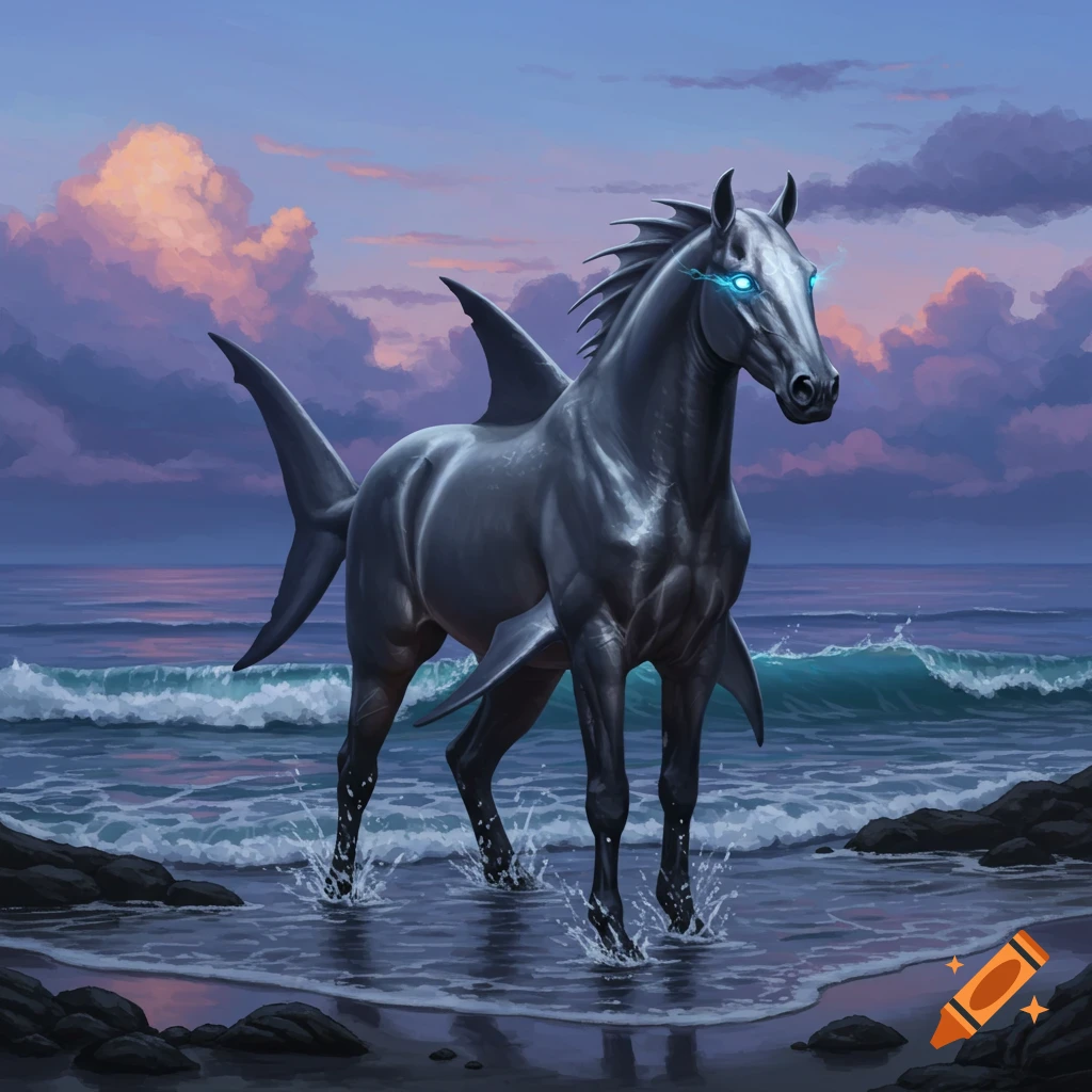 A majestic grey shark-horse hybrid with glowing blue eyes stands in shallow ocean waves at sunset.