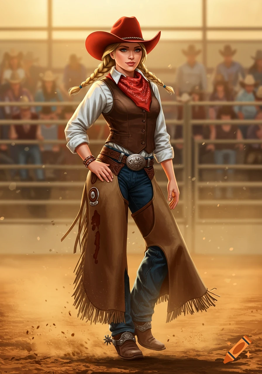 A blonde cowgirl with braids, wearing a red hat, brown vest, blue jeans, and chaps, stands in a rodeo arena.