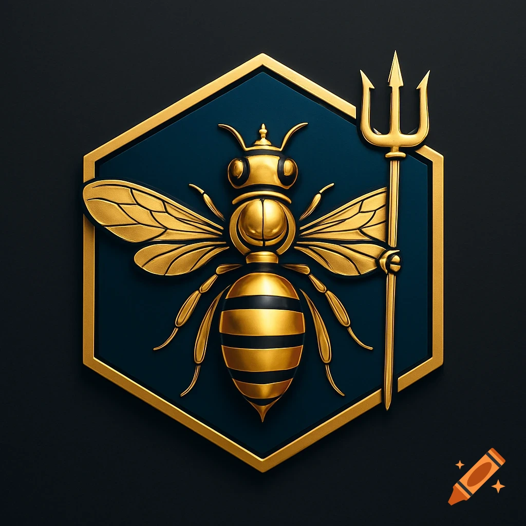 A golden queen honey bee holding a trident, set within a hexagonal dark blue emblem with a gold border.