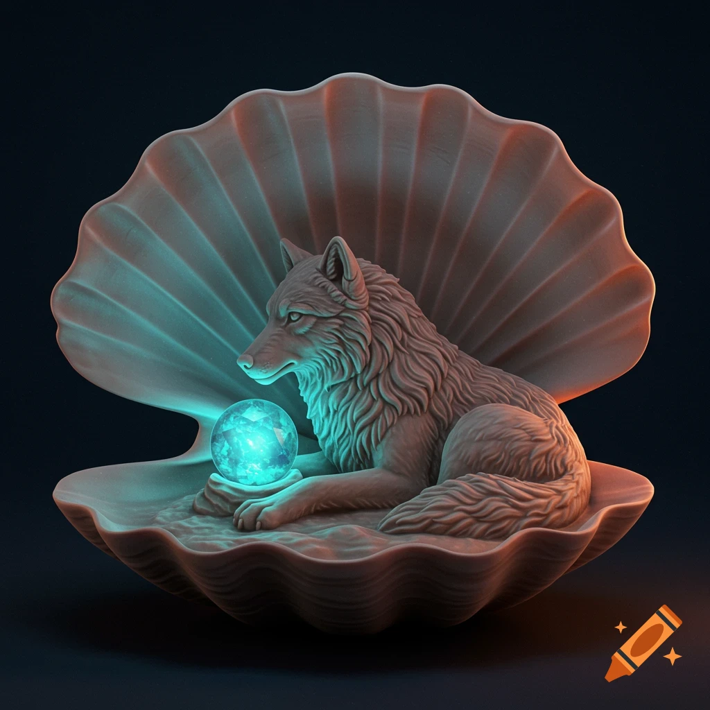 A detailed bas-relief sculpture of a wolf resting inside an open seashell, its paw on a glowing blue orb.
