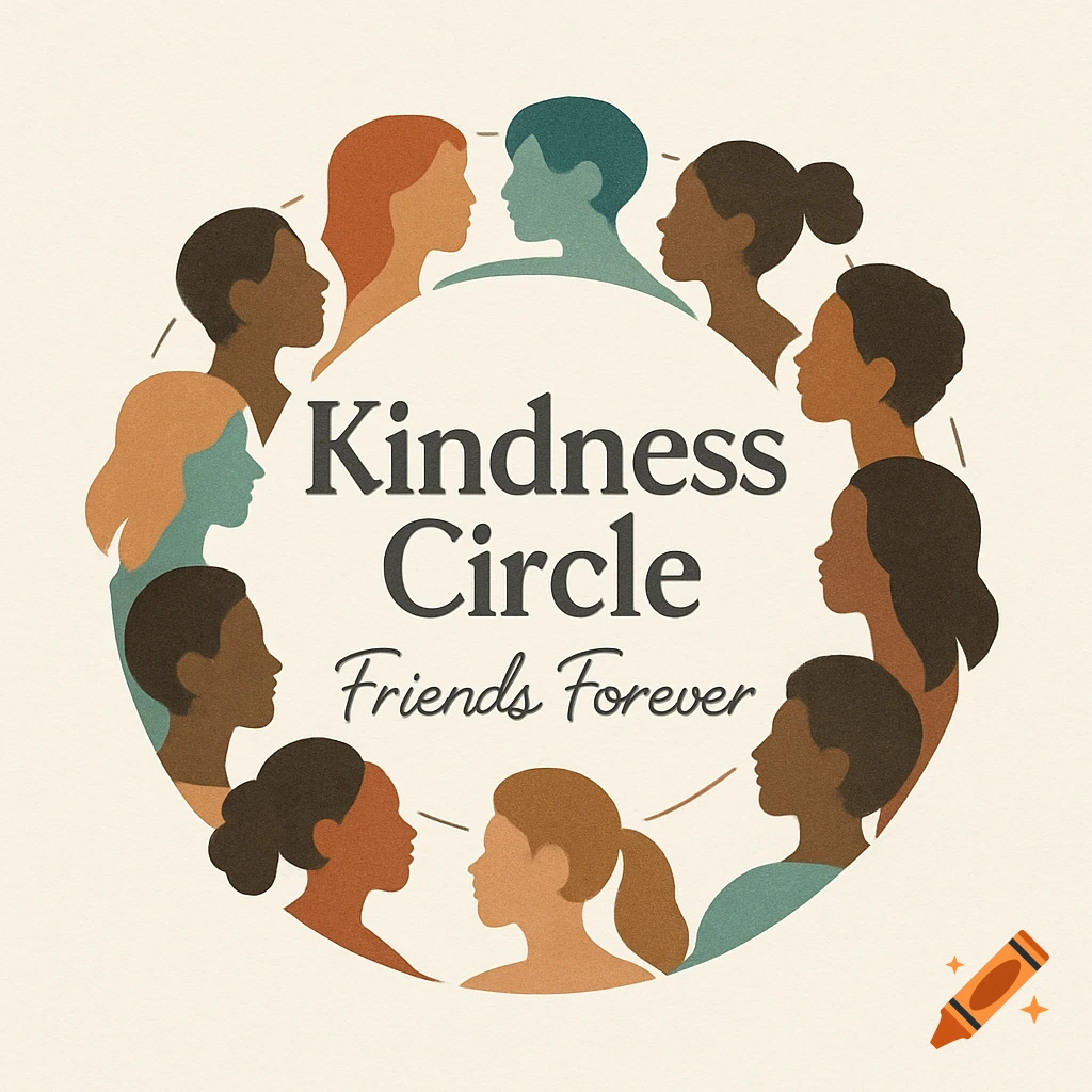 A logo with a circle of diverse people's silhouettes surrounding the text 'Kindness Circle Friends Forever' on a light background.