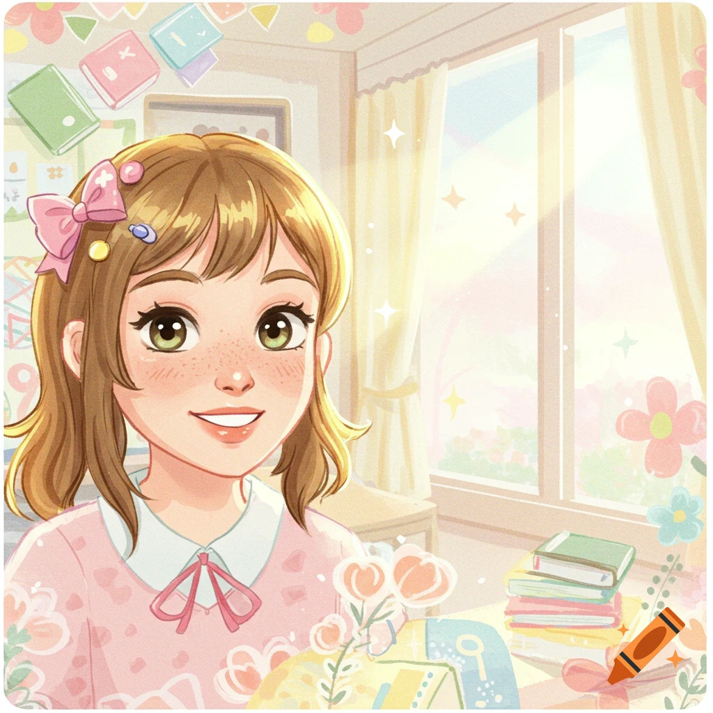 Cheerful anime girl with freckles and brown hair in a sunlit room with books and flowers.