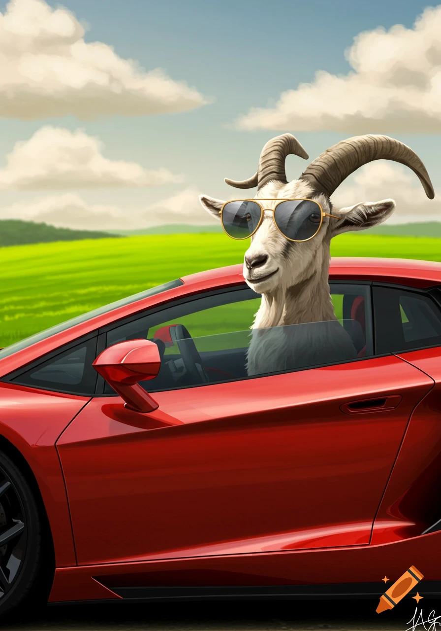Illustration of a cool goat wearing sunglasses driving a red Lamborghini through green fields under a blue sky.