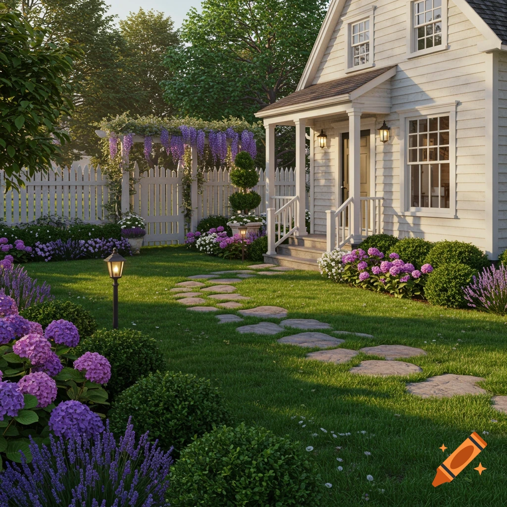 A charming white Cape Cod house with a beautiful front garden, stone path, purple flowers, and green lawn under a sunny sky.
