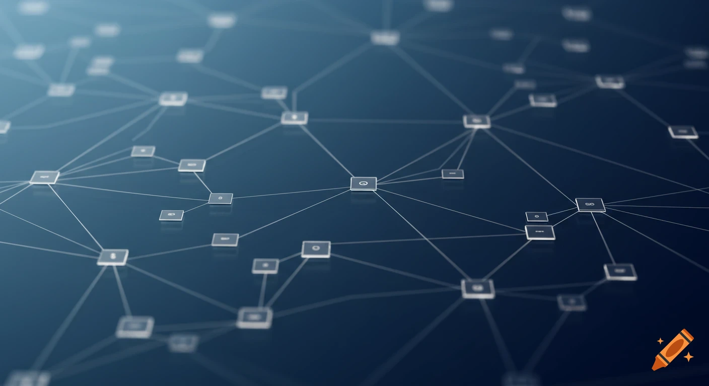 Abstract blue network of interconnected square nodes with glowing lines, featuring a shallow depth of field.