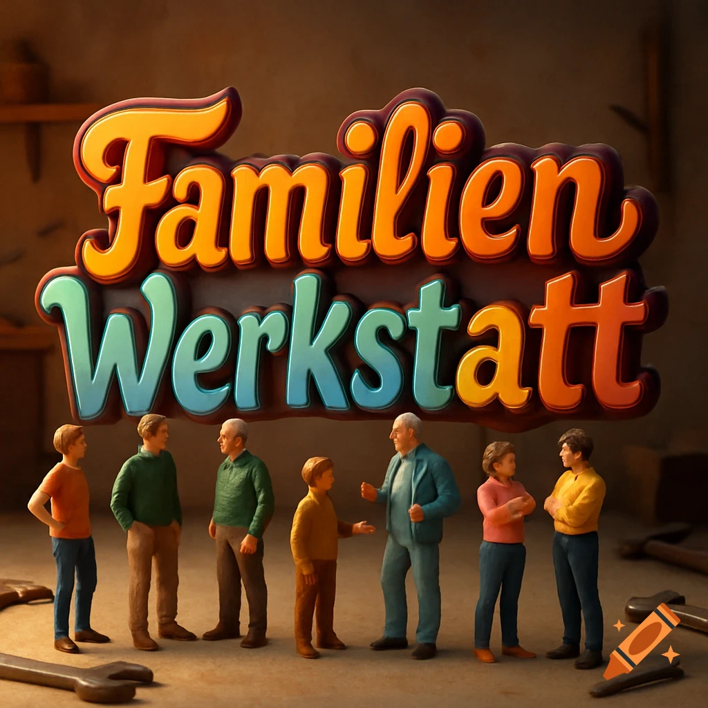Miniature figurines of people stand around a large, stylized sign reading "Familien Werkstatt" in a dimly lit workshop.