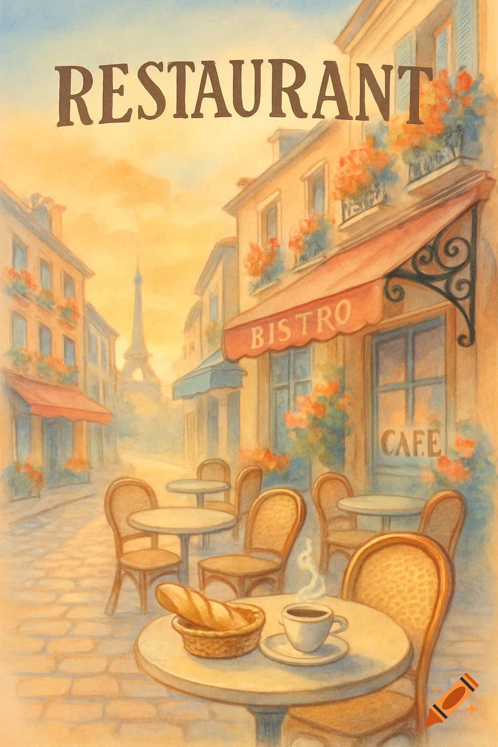 A charming watercolor illustration of a Parisian street cafe with tables and chairs, bread, and coffee, with the Eiffel Tower in the background. Text reads 'RESTAURANT', 'BISTRO', and 'CAFE'.