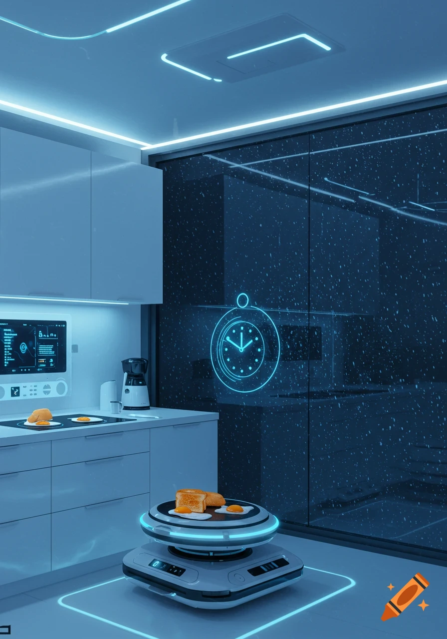 A sleek, futuristic kitchen with glowing blue accents features a robot serving eggs and toast, while rain falls outside a large window.