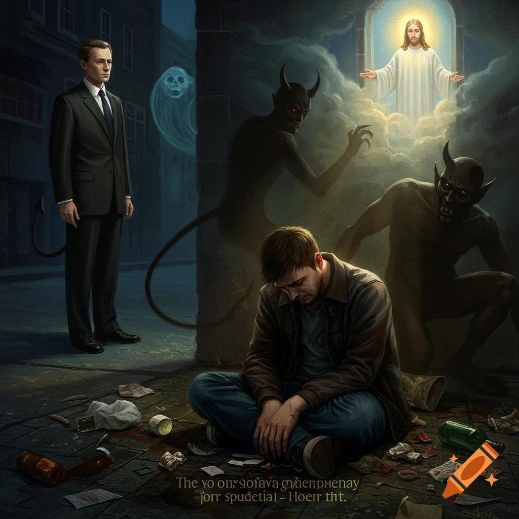 A man in a suit looks down on a suffering man in a gutter with devils; Jesus looks on with compassion from above.
