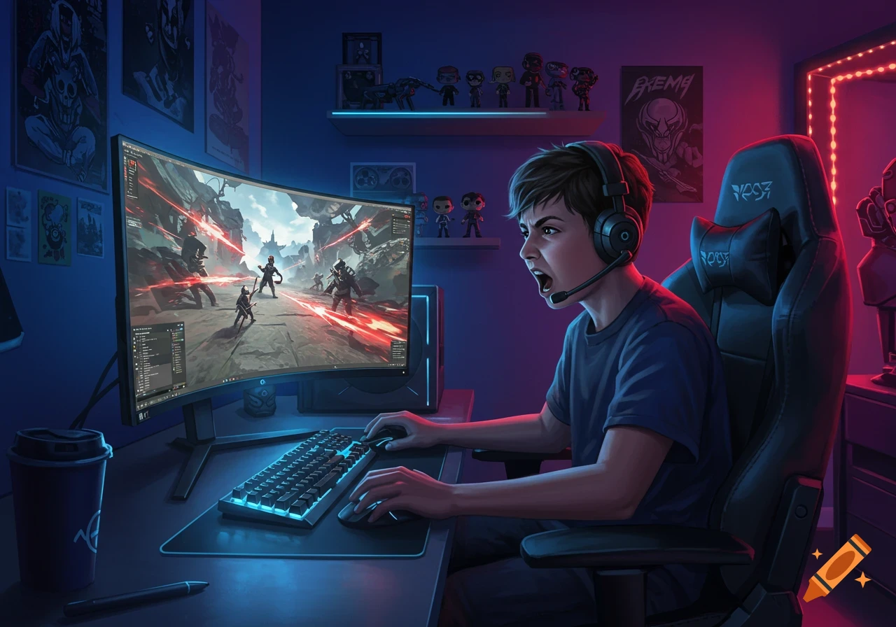 A young gamer intensely plays a video game on a curved monitor in a neon-lit room filled with gaming memorabilia, in a digital art style.