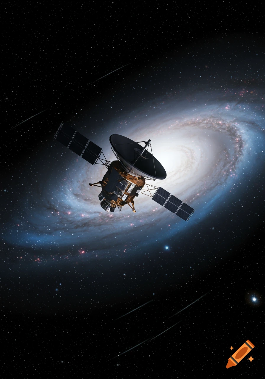 A photorealistic image of a space satellite with solar panels and a dish antenna, set against a dark starry sky with a large spiral galaxy in the background.