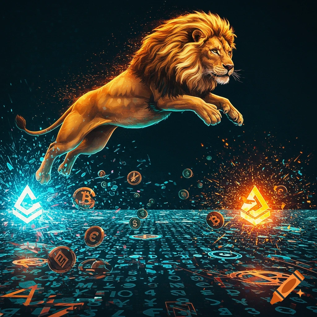 A majestic golden lion leaps across a dark, digital landscape filled with glowing crypto symbols and coins. Blue and orange light streaks from the ground.