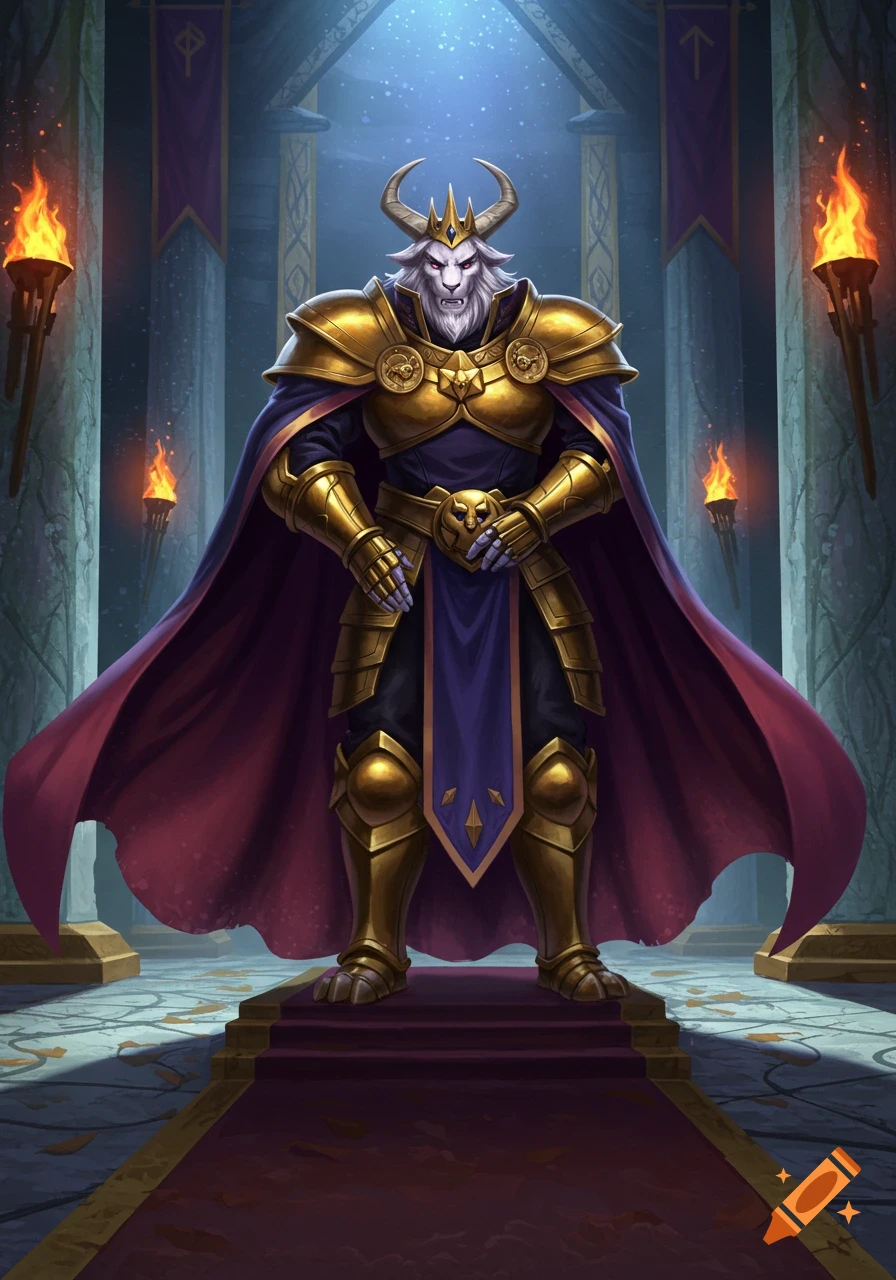 A lion-like king with horns in golden armor and a red cape stands in a grand castle hall with torches and purple banners.