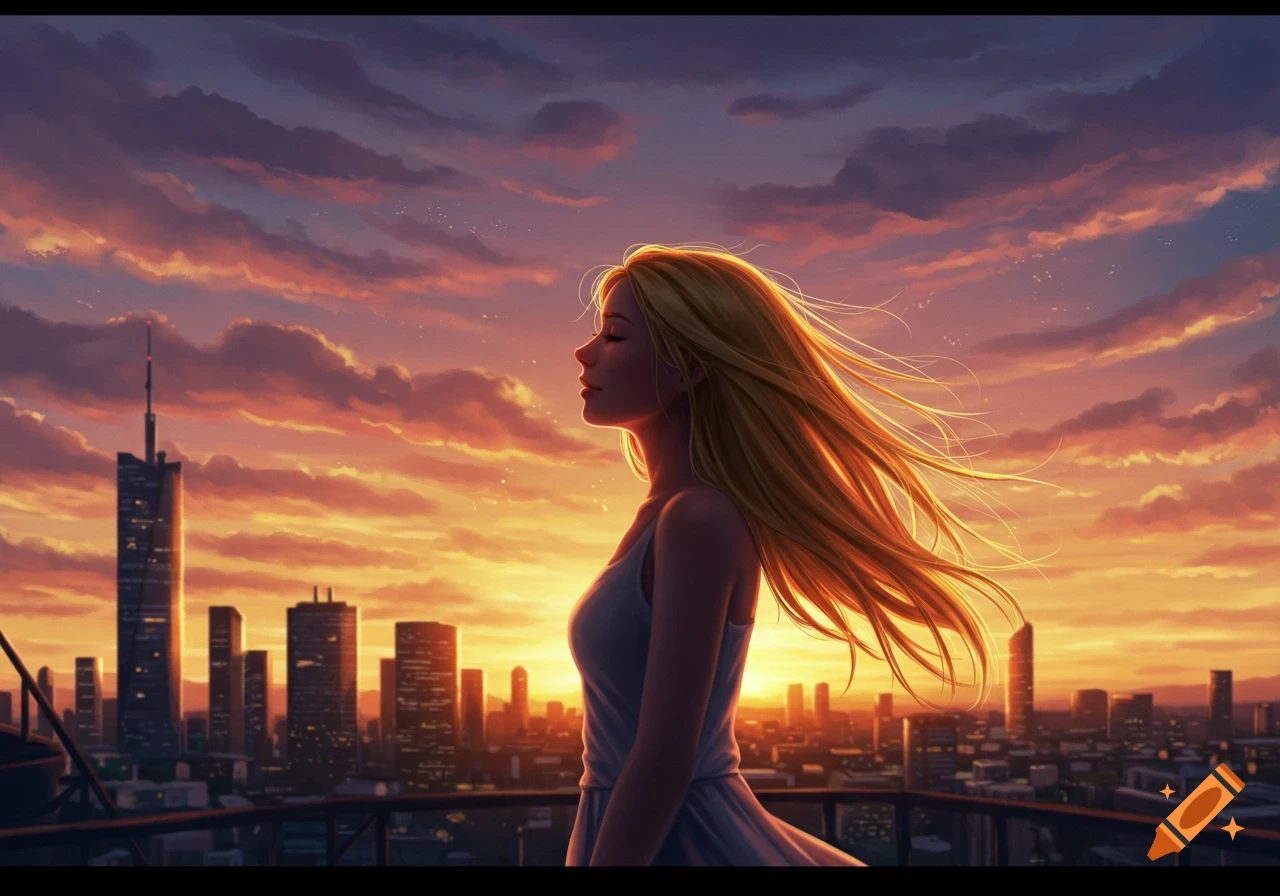 Digital painting of a blond girl with flowing hair standing on a rooftop overlooking a city skyline at sunset.