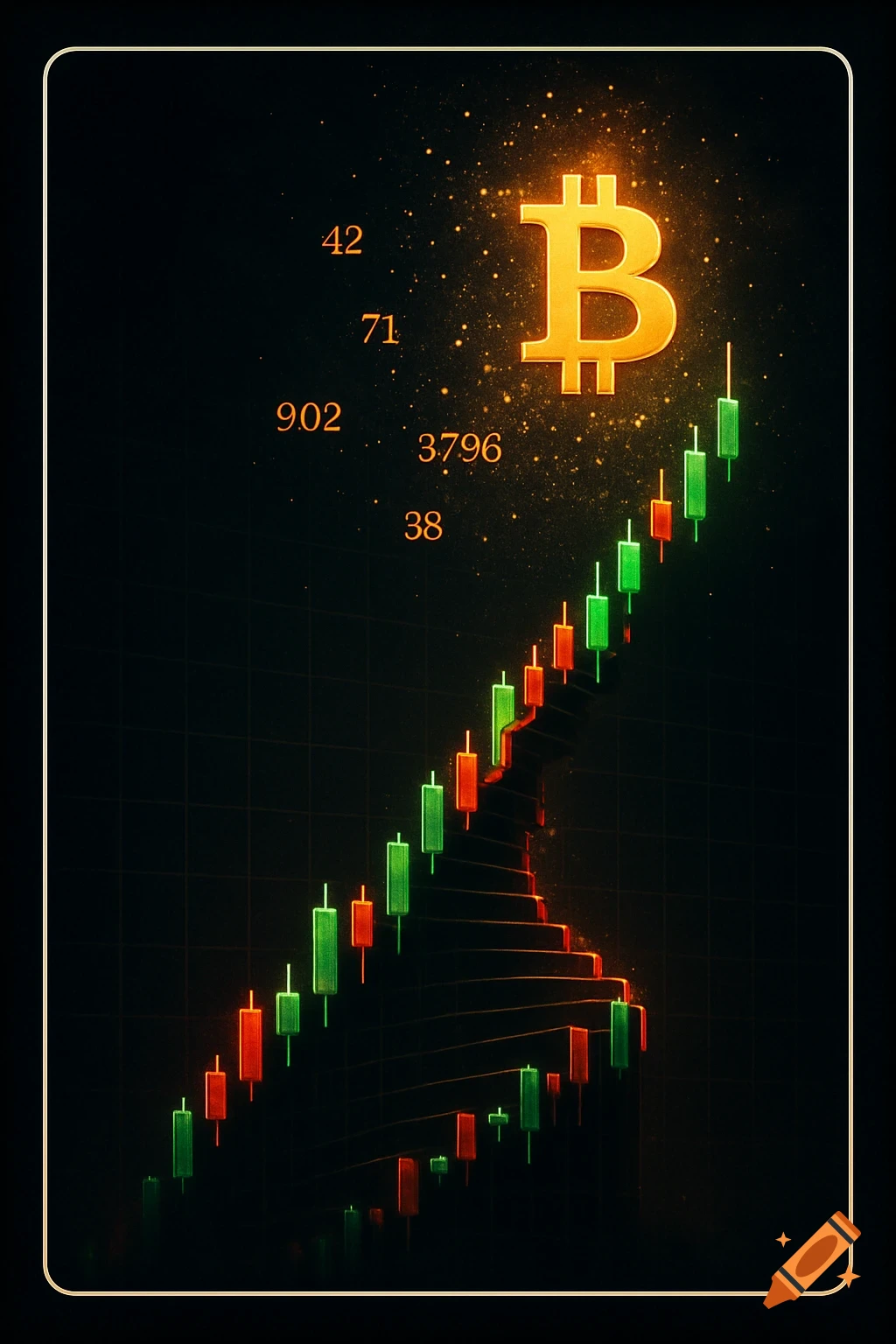 Golden Bitcoin symbol atop a glowing red and green candlestick chart staircase on a dark, grid background with floating numbers and sparkles, cinematic style.