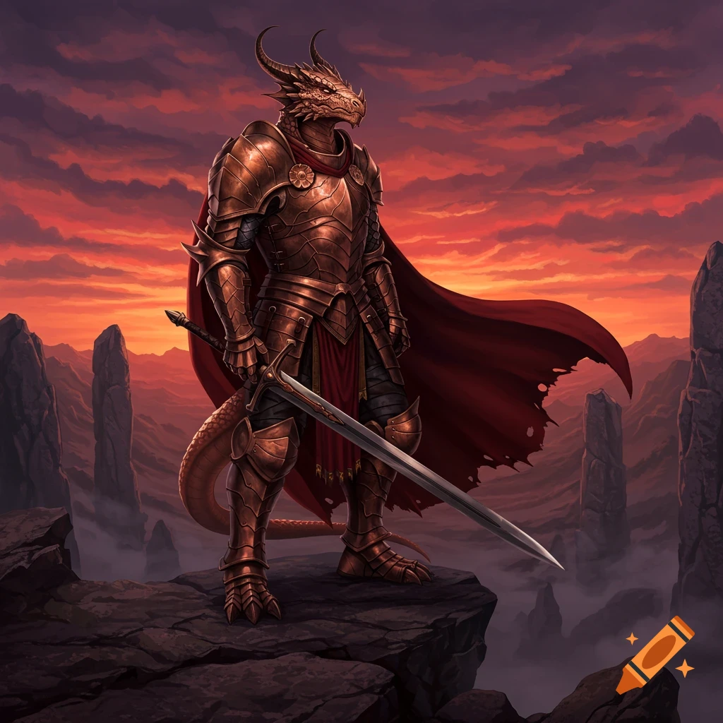 Bronze dragonborn paladin in scale armor and a red cape stands on a rocky cliff with a sword against a dramatic sunset.