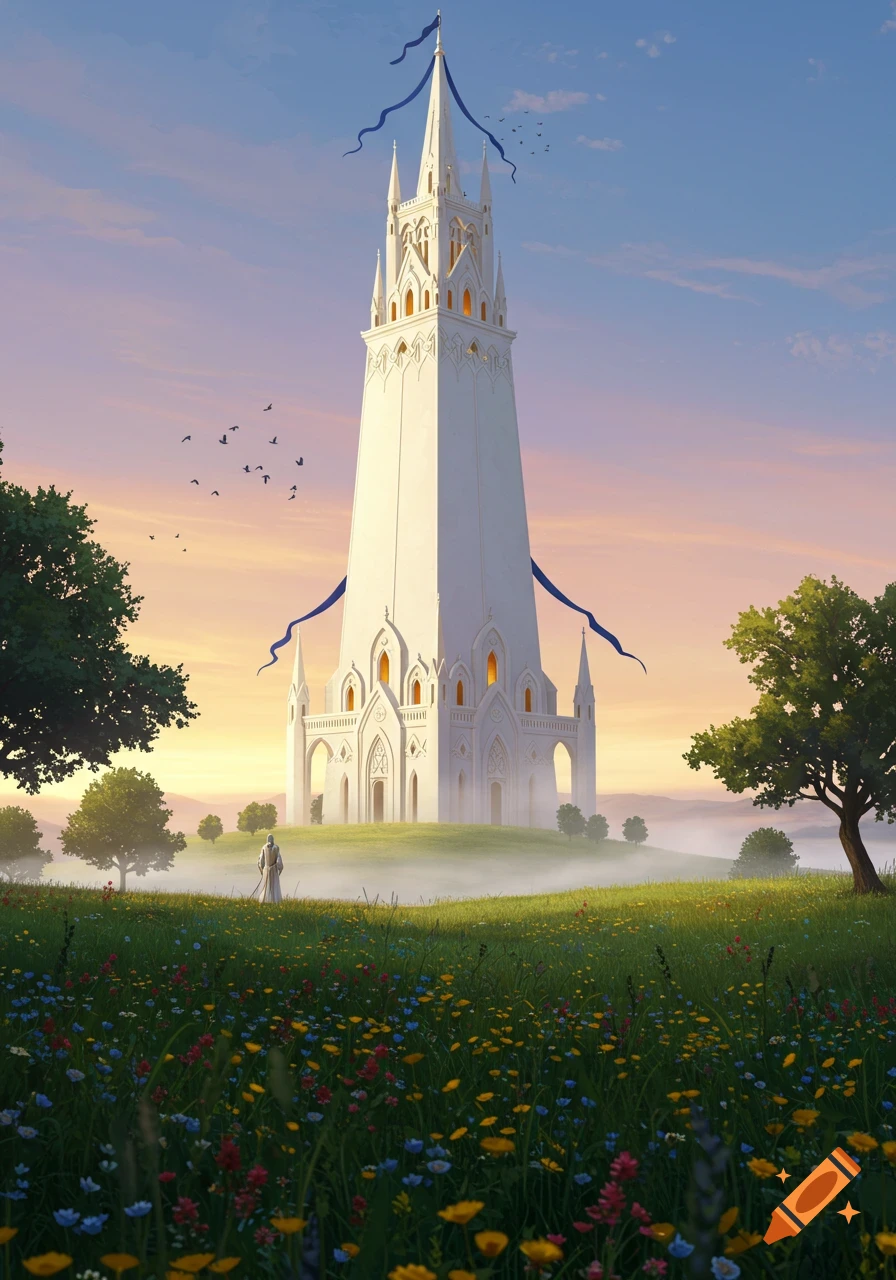 A tall, ornate white tower stands in a vibrant field of wildflowers, with a robed figure looking towards it under a colorful sky.