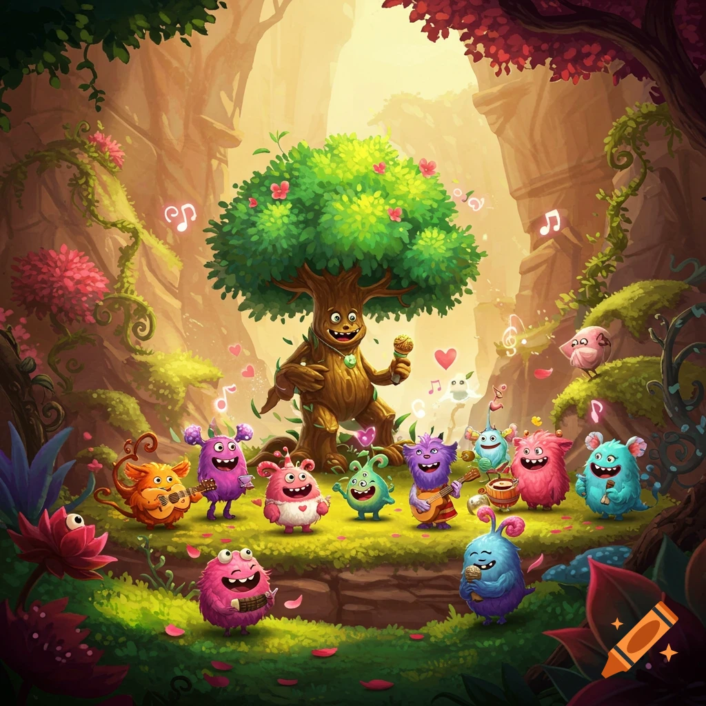A cheerful, smiling tree creature sings into a microphone with a group of colorful, furry monster characters playing instruments in a vibrant, lush forest.