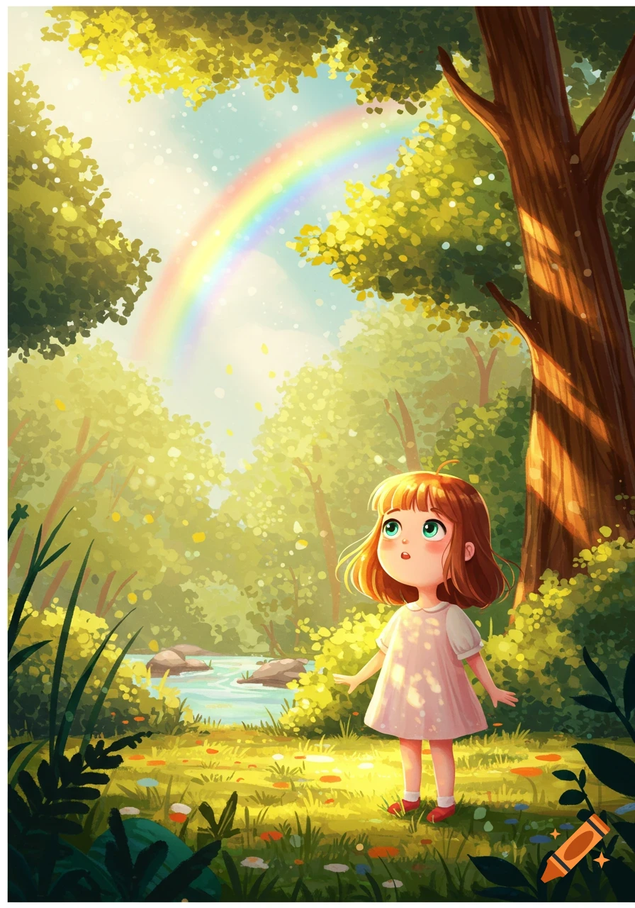 A cute animated girl with red hair in a pink dress looks up at a rainbow over a sparkling forest stream.