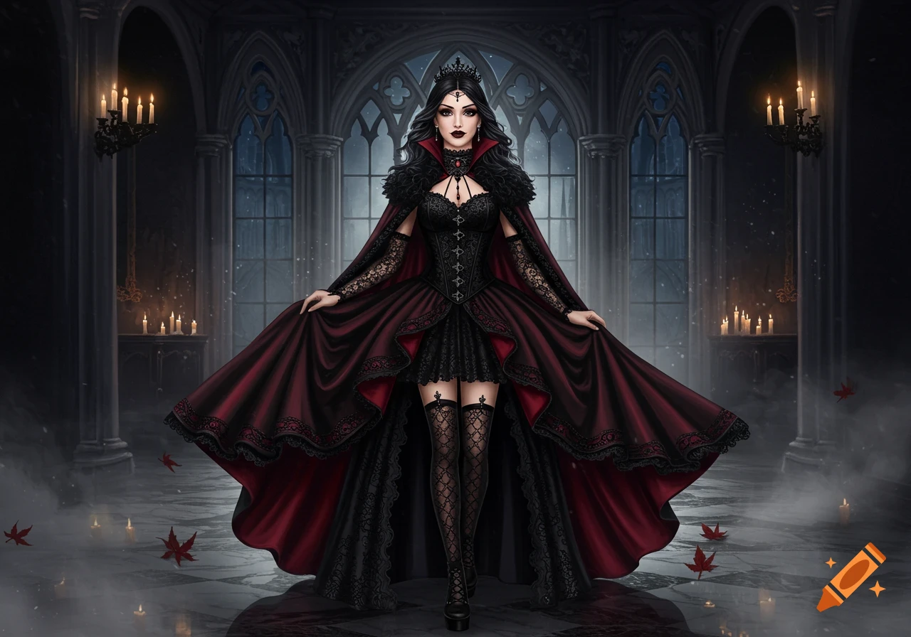 A regal woman in an elaborate black and red gothic dress and crown stands in a dark, candlelit gothic hall with arched windows, digital art.