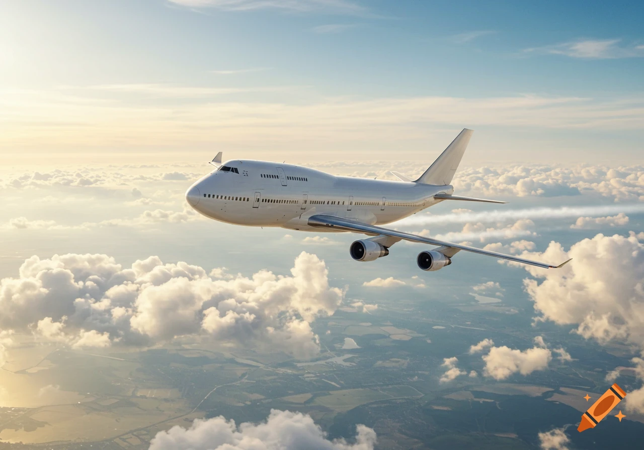 A white Boeing 747 airplane flies above fluffy clouds with land visible below, bathed in golden sunlight.