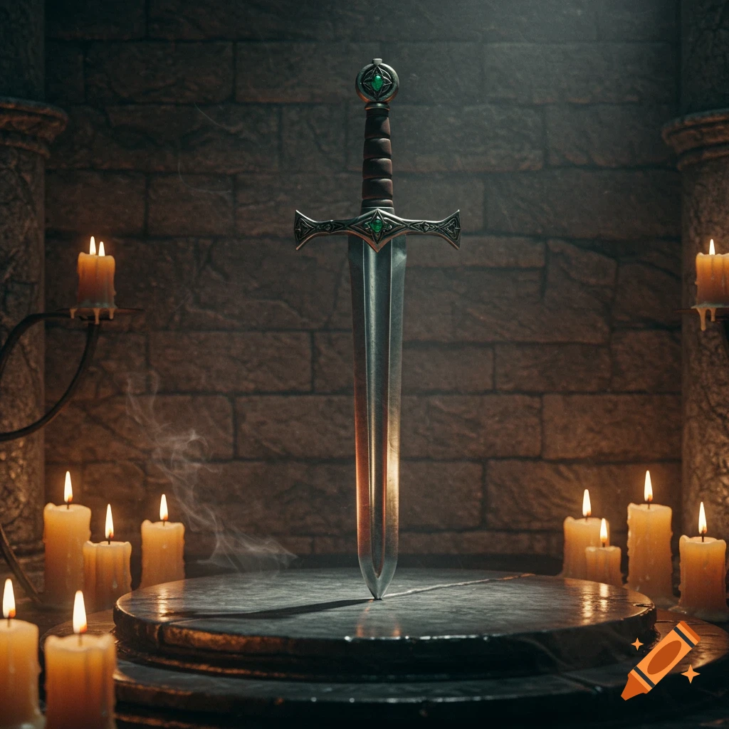 A detailed broadsword stands upright on a stone pedestal, surrounded by flickering candles in a dark, atmospheric room.