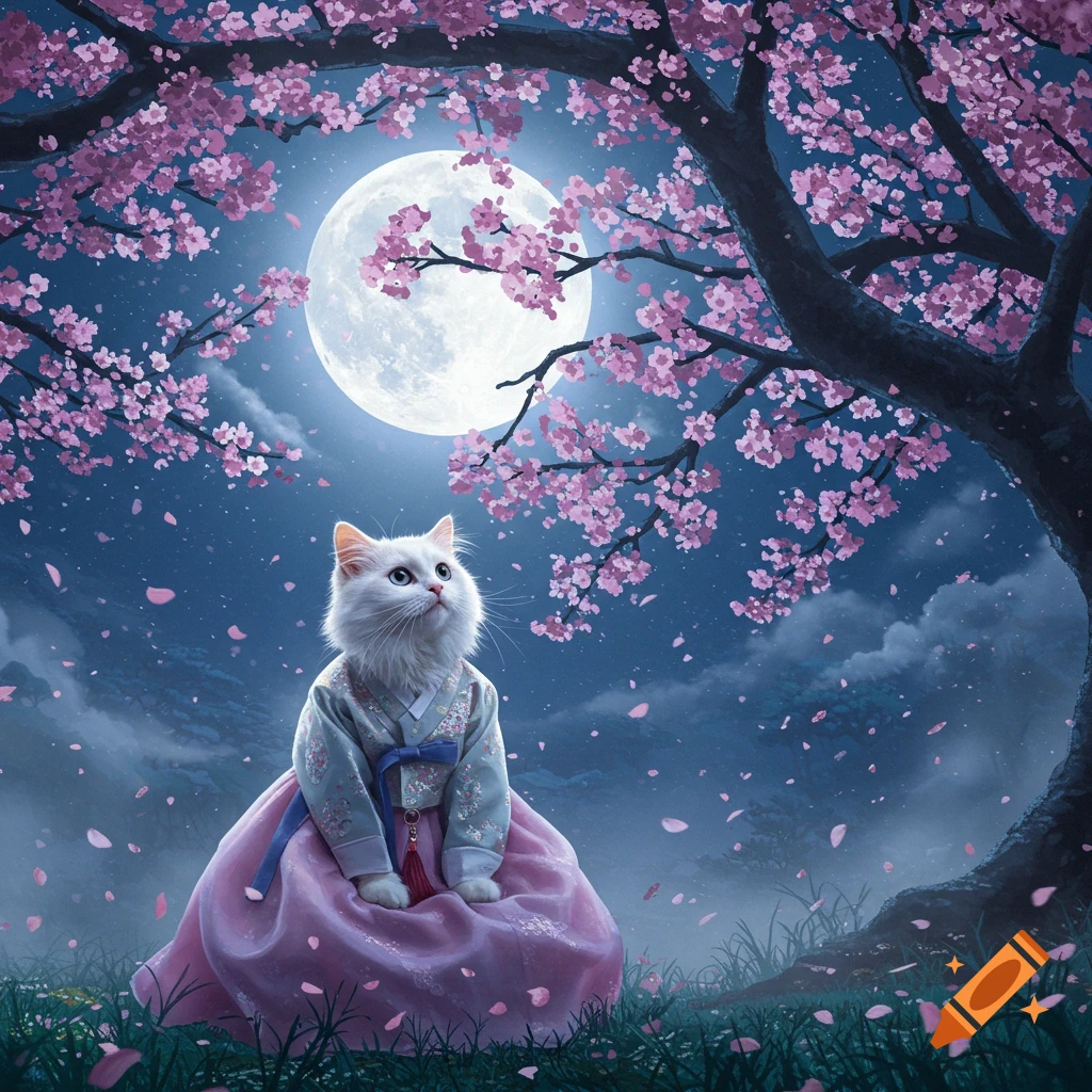 A fluffy white cat in a pink and blue hanbok sits under a cherry blossom tree with a full moon at night, petals falling, cinematic lighting.