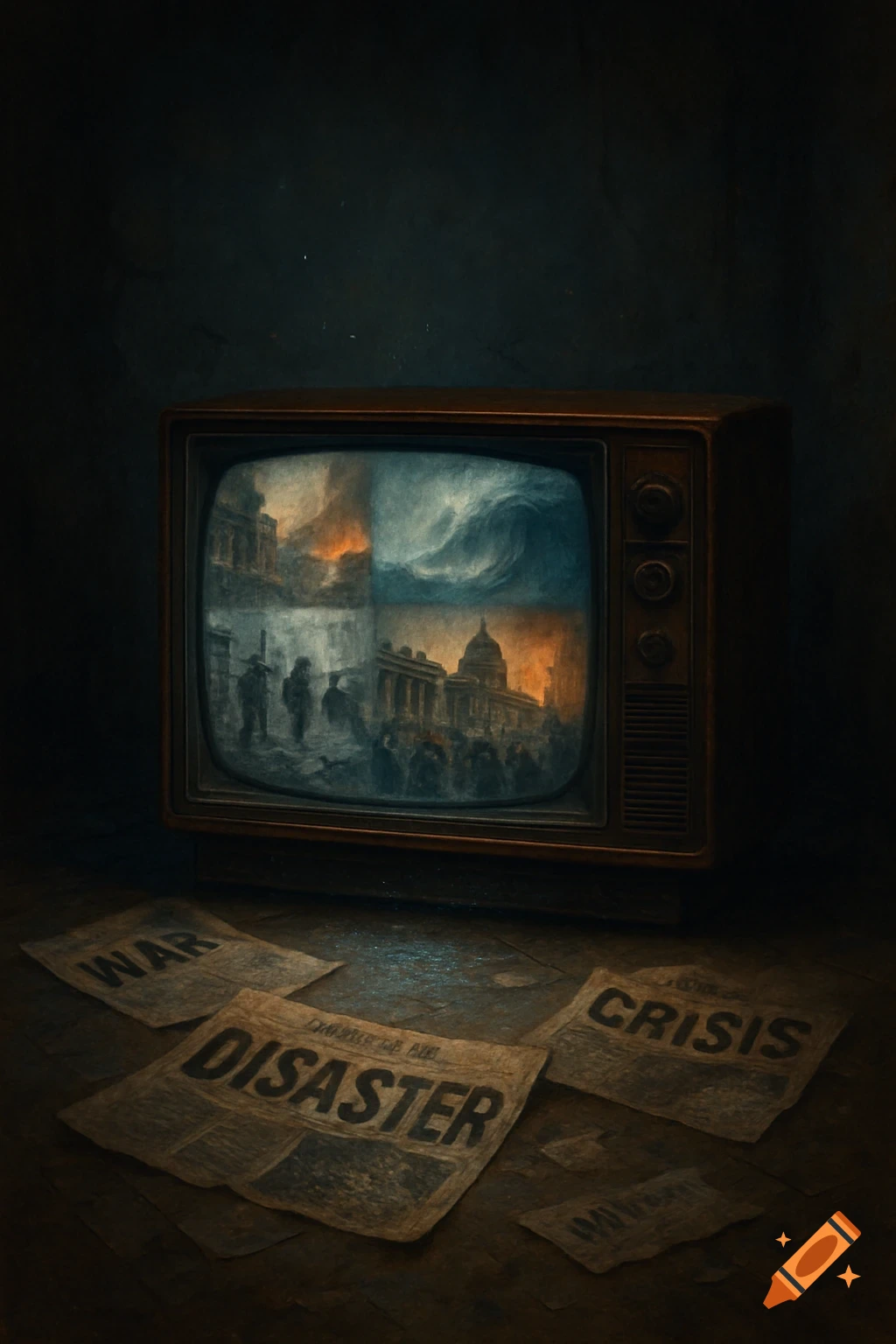 An old television displays split-screen news of fires, tsunamis, and protests. Crumpled newspapers with "WAR", "DISASTER", "CRISIS" lie on the floor in a dark room.