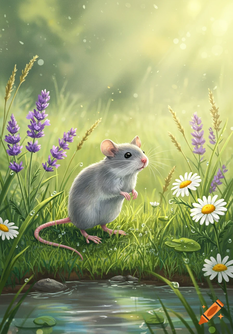 A cute gray mouse stands in a lush green field with purple lavender and white daisies next to a pond in an illustrative style.