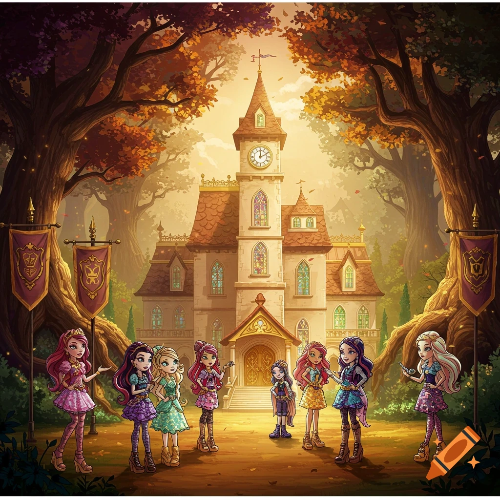 Cartoon-style fantasy illustration of seven young female characters in colorful outfits standing in front of a large castle in an autumn forest.