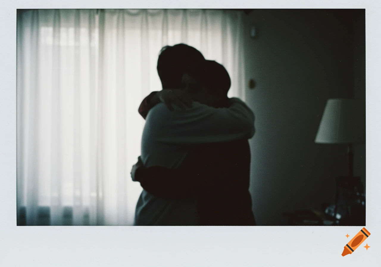 Two people are silhouetted in a warm embrace against a bright window with white curtains, captured in a polaroid photo.