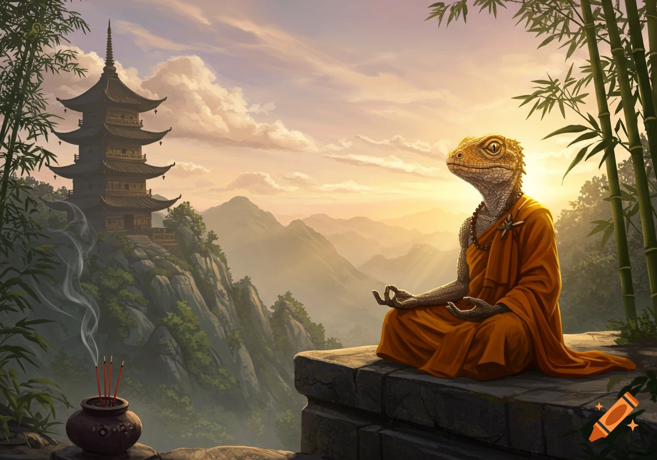 A lizard-like monk meditates on a cliff overlooking mountains and a pagoda at sunset, with bamboo and incense.