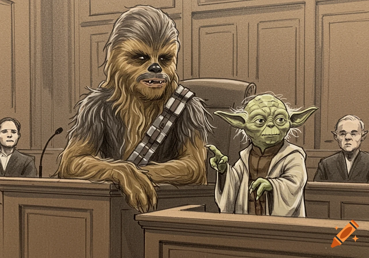 Courtroom sketch showing Chewbacca on the stand with Yoda pointing at him.