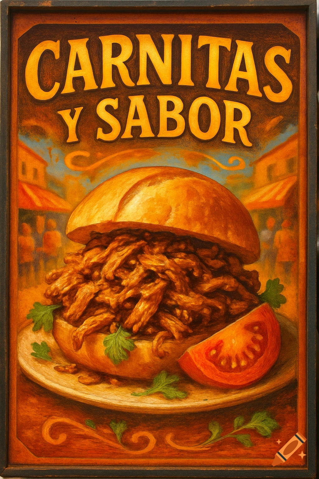 Stylized sign for 'Carnitas y Sabor' with a large sandwich filled with shredded meat, parsley, and a tomato slice.