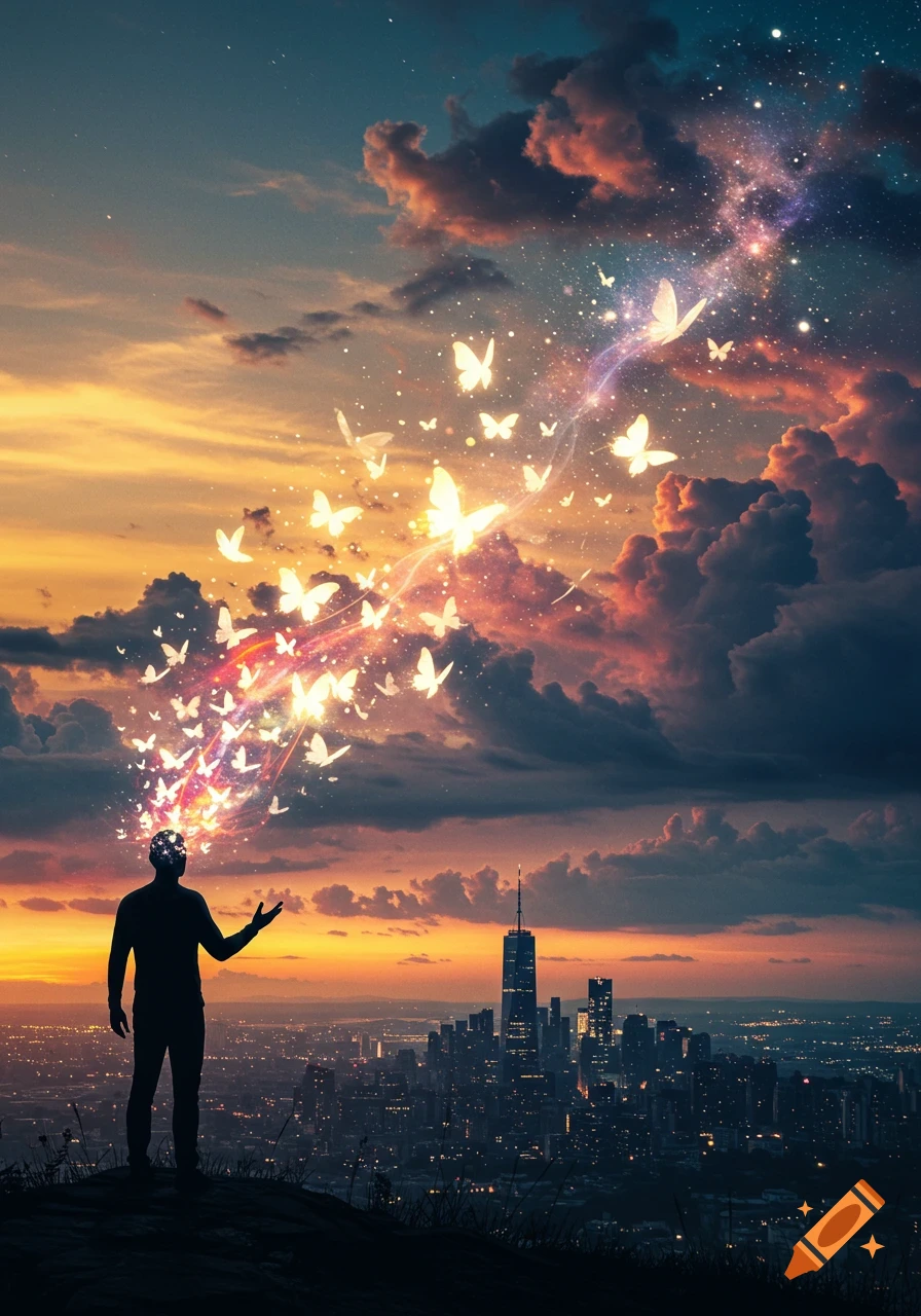 Silhouette of a person with glowing butterflies flying from their head into a starry sunset sky over a city.