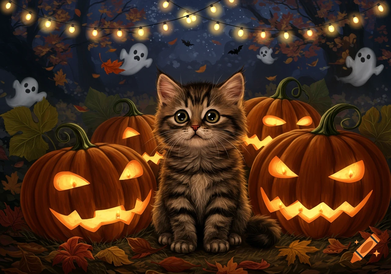 A fluffy tabby kitten sits among glowing jack-o'-lanterns with cute ghosts and bats under string lights in an autumn night forest.