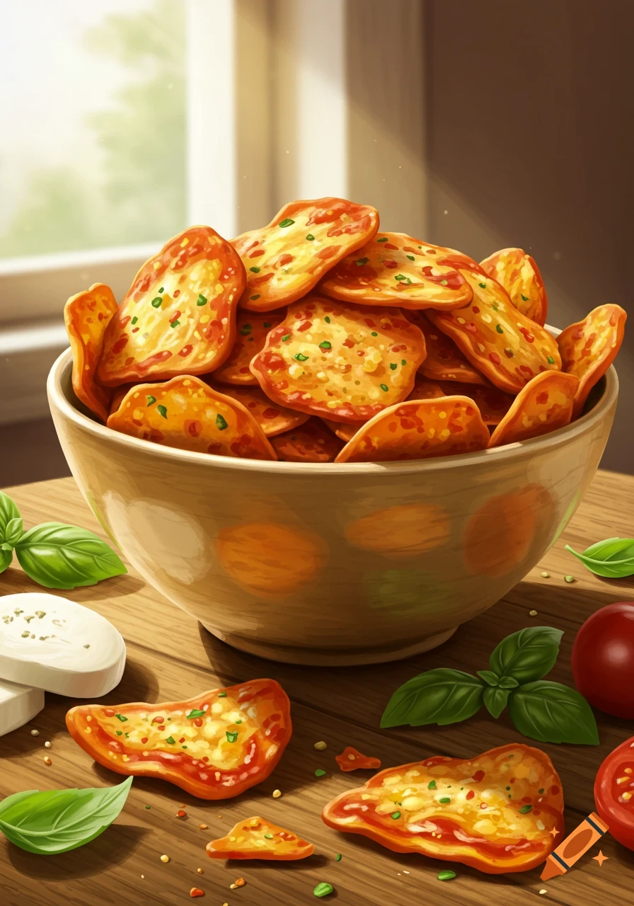 A bowl of golden, pizza-flavored crisps on a wooden table, with basil leaves, mozzarella, and tomatoes in a stylized illustration.