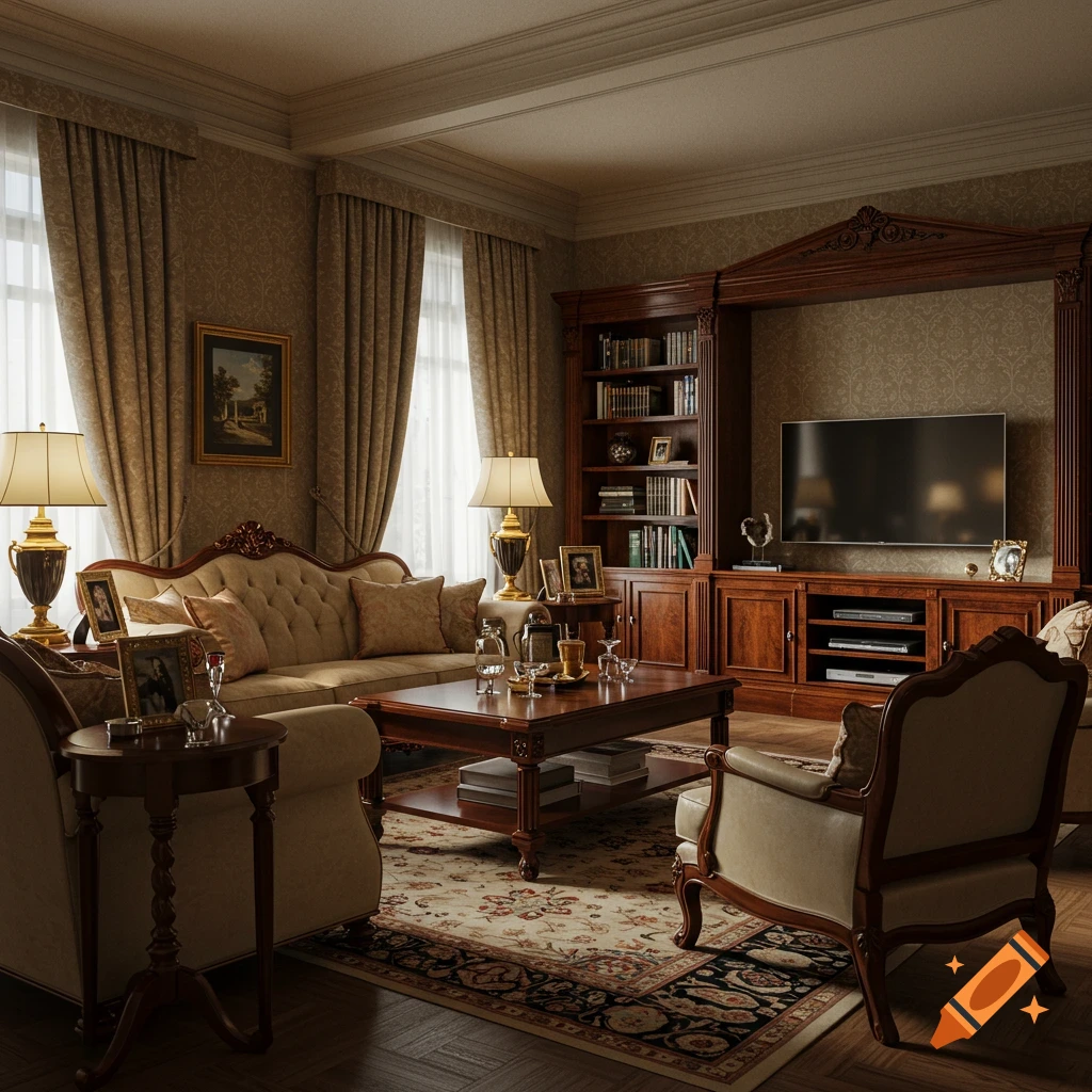 Photorealistic Neoclassic living room with ornate furniture, sofa, lamps, coffee table, and a TV in a wooden entertainment center.