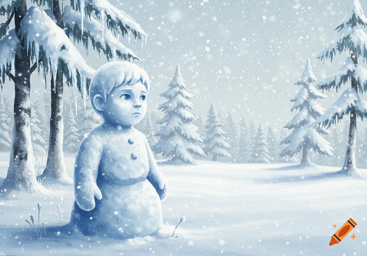 Digital illustration of a sad snow boy with blue eyes standing in a snowy forest with pine trees and falling snow.