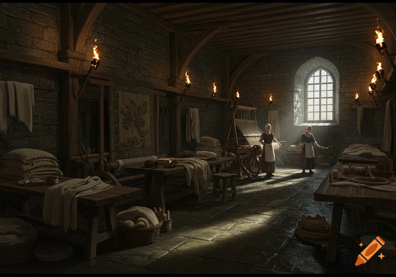 Two women work in a dimly lit, photorealistic medieval stone room with textile equipment, torches, and a large arched window.