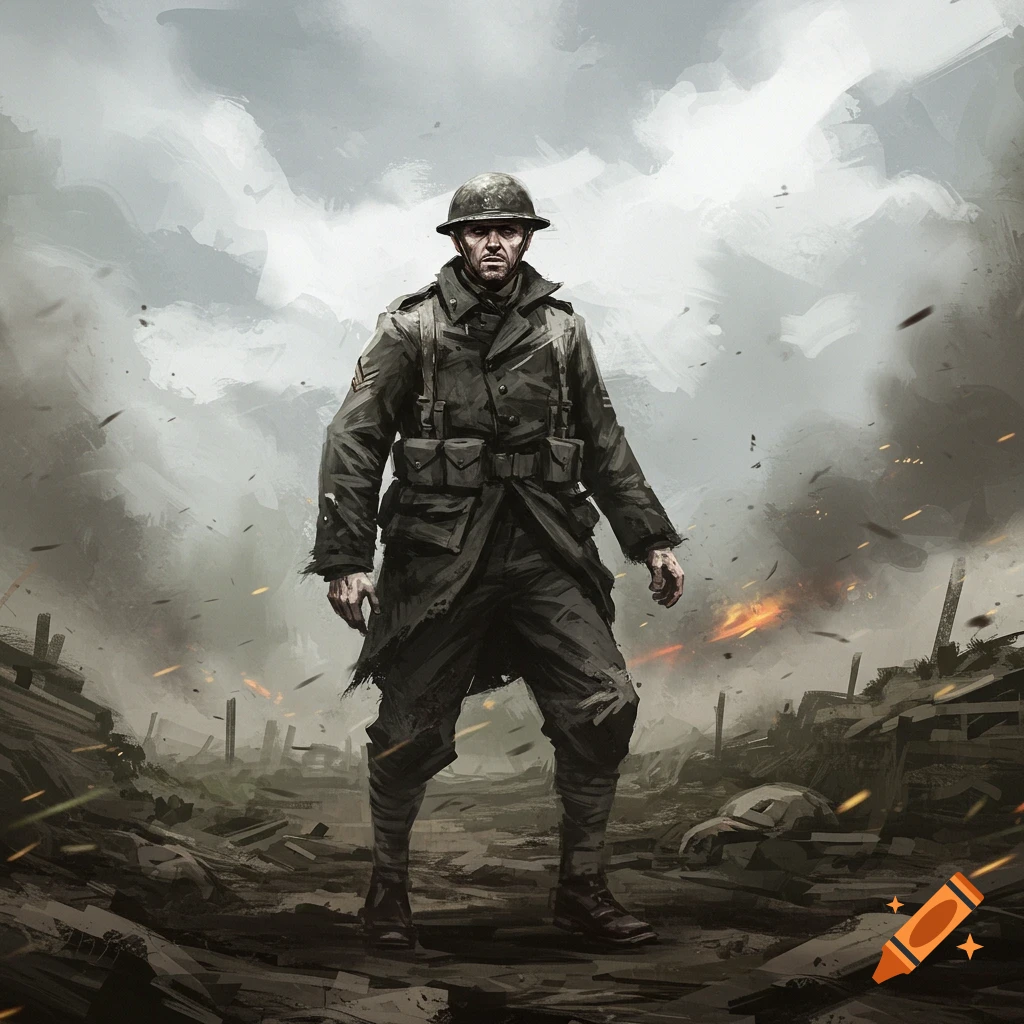 Gritty illustration of a WWI US soldier standing on a smoky, war-torn battlefield.