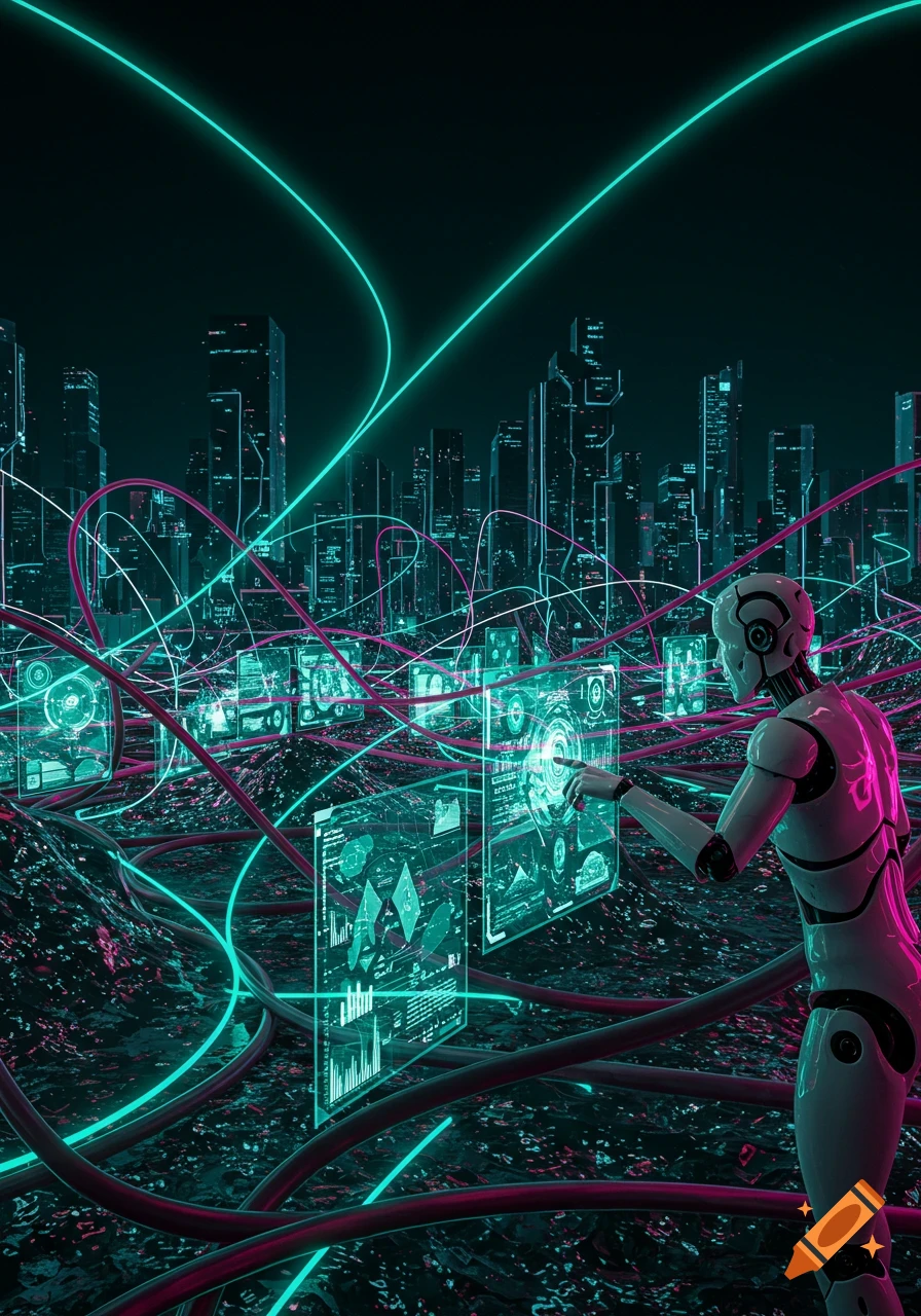 A white robot interacts with glowing holographic screens in a futuristic, neon-lit cityscape with glowing data lines.