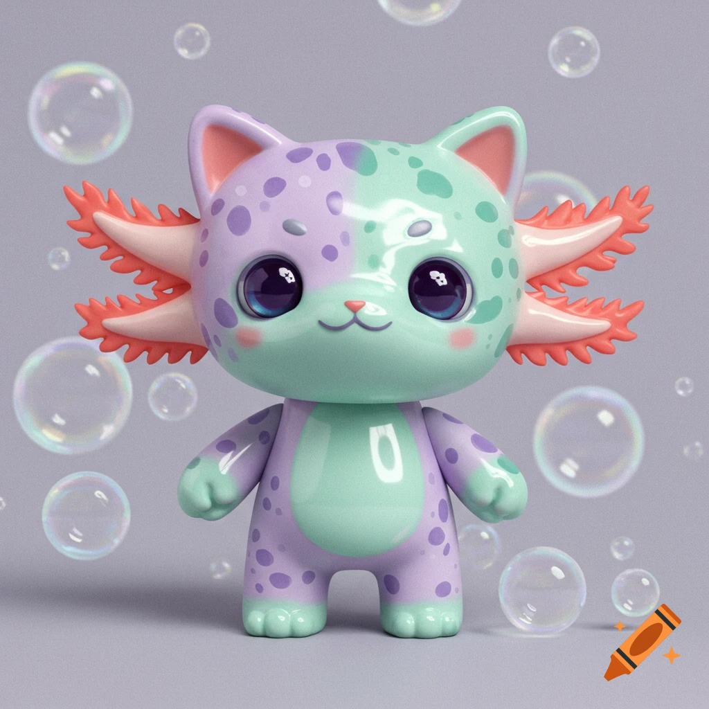 A cute pastel purple and mint green cat-axolotl hybrid vinyl toy with big shiny eyes and bubbles floating around it.