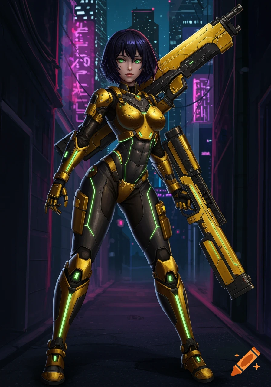 An anime girl in gold and black futuristic armor with glowing green accents holds a large golden rifle in a neon-lit cyberpunk city alley.