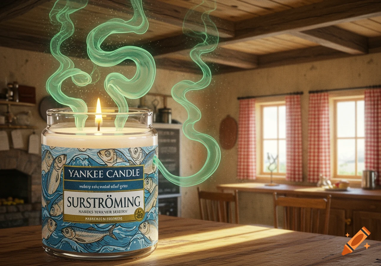 A Yankee Candle with a "Surströmming" label featuring stylized fish, glowing with green smoke, sits on a wooden table in a rustic kitchen.