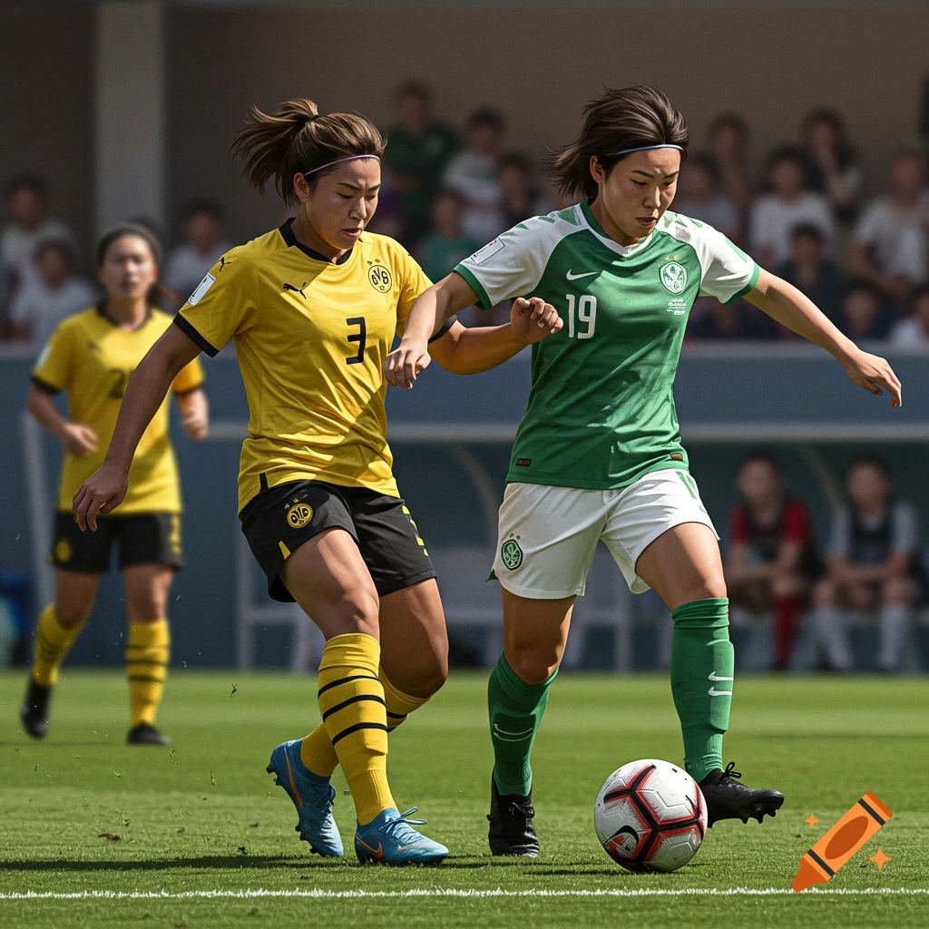 Two female soccer players in action on a green field. One wears a yellow and black jersey with number 3, and the other wears a green and white jersey with number 19.