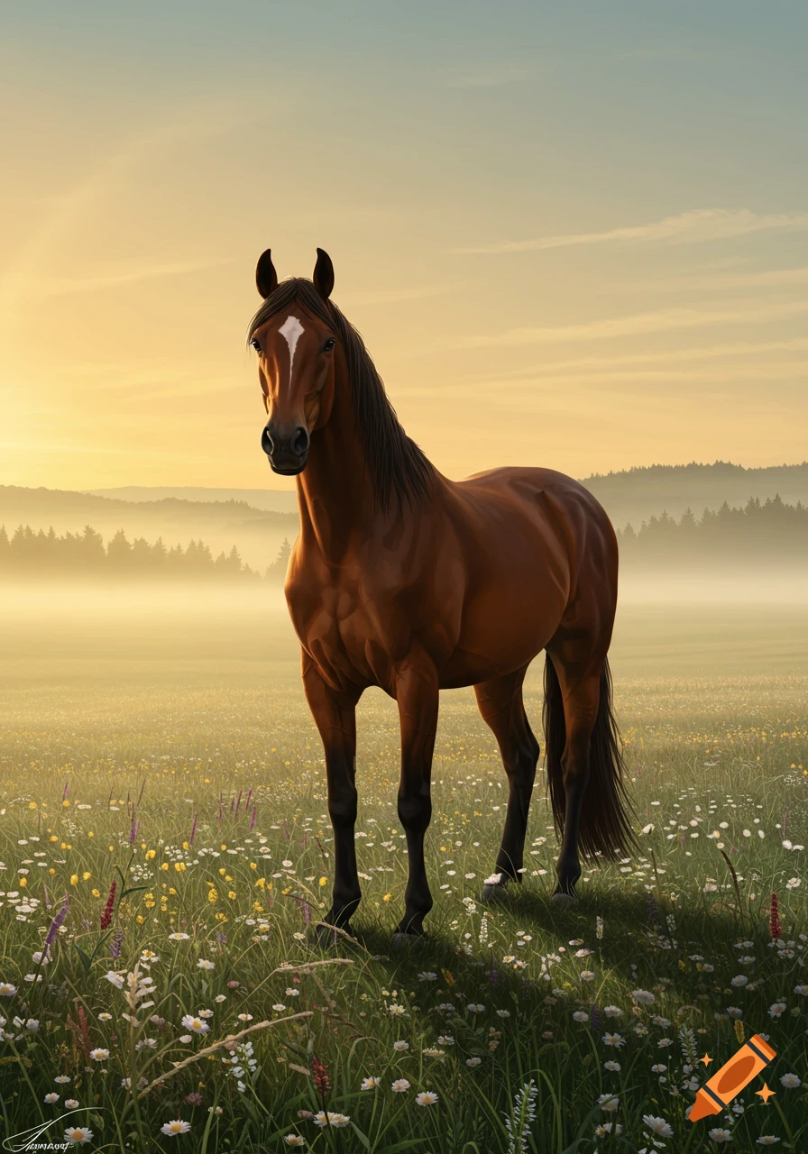 Photorealistic brown horse with a white blaze stands in a misty wildflower field at sunrise.