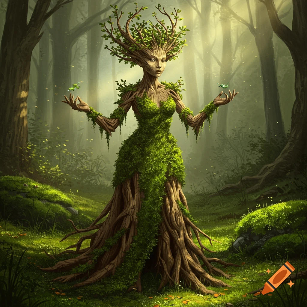 A dryad with a tree bark body and moss dress, branch hair, holding tiny creatures in a mystical forest, oil painting style.
