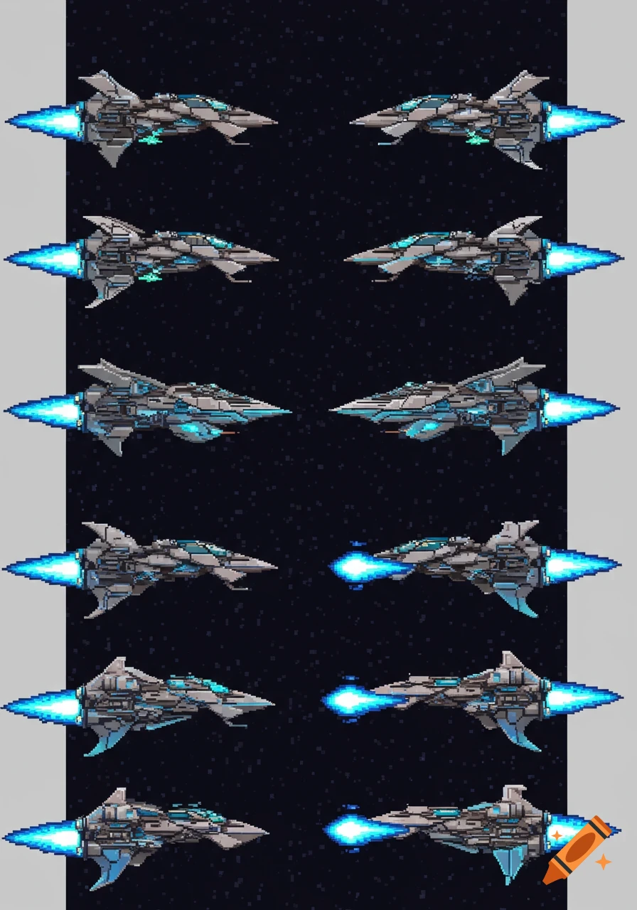 Eight pixel art sprites of a grey and blue spaceship with glowing blue thrusters, arranged to show movement frames against a starry background.